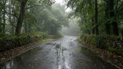 Obraz premium Misty winding road through dense green forest after rain, flanked by old stone walls, creating a mysterious and serene natural landscape