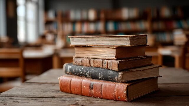 Stack of Old Books on Wooden Table in Library, Vintage Leather Bound Volumes, Education, Knowledge, and Historical Literature Concept
