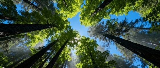 tall trees and lush canopy circle view with sunlight and clear sky