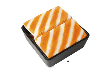 Fresh Orange White Layered Tofu Cheese Blocks in Black Bowl Healthy Protein Cooking Ingredients