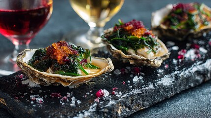 Elegant oysters topped with vibrant tobiko caviar and seaweed, served with fine wine for a luxurious dining experience and gourmet delight