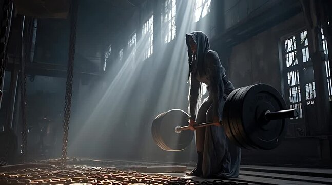 Mysterious hooded woman in robe performing heavy deadlift in dark abandoned industrial warehouse with chains and dramatic sunbeams