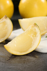 Fresh Honeydew Melon Slices with Juicy Yellow Flesh and Crystal Texture Details