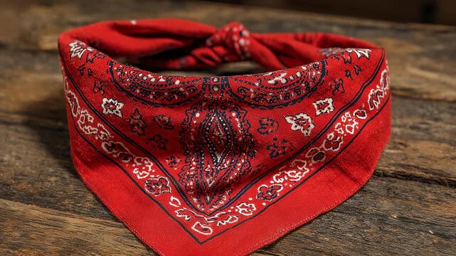 Red Paisley Bandana Tied in a Knot on Rustic Wooden Surface, Vintage Style Headscarf, Fashion Accessory, Cowboy, Western, Close-up Shot.