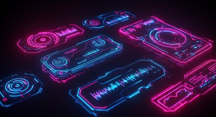 Neon glowing digital interface elements arranged on dark surface, futuristic tech concept