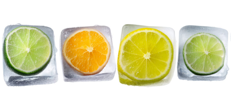 Citrus slices frozen in ice cubes isolated on a transparent background 2