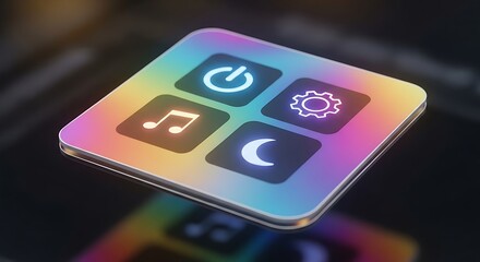 Macro shot of a square device with illuminated icons in a rainbow gradient