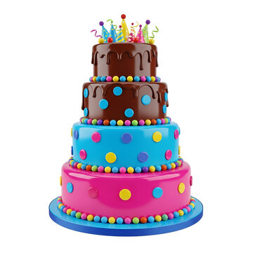 Detailed tiered birthday cake with chocolate drip frosting clipart