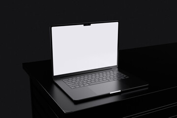 High quality laptop on black table with black background for mockup template