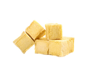 Fresh Golden Tofu Cubes on White Background - Natural Protein Food Ingredient