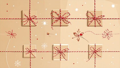 Festive Gift Boxes Wrapped in Kraft Paper with Red Twine Decorations.
