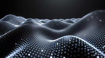 An abstract digital background features undulating waves of glowing particles and lines against a dark, minimalist backdrop, ideal for technology and data concepts. - Powered by Adobe