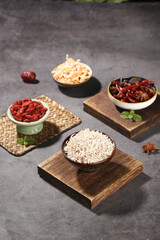 Dried Sea Shrimp and Asian Cooking Ingredients on Wooden Boards - Traditional Chinese Food Preparation