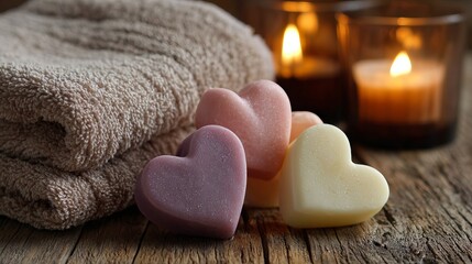 Elegant spa day aesthetic with heart shaped soaps, soft towel, and flickering candlelight for a peaceful and rejuvenating experience