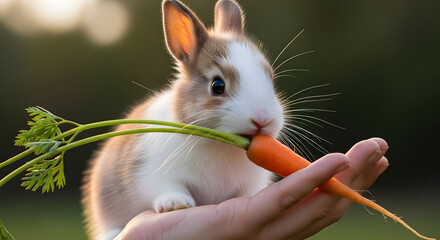 Cute Rabbit Holding Fresh Carrot in Hand.