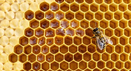 Honeycomb full of honey and a bee working in the apiary