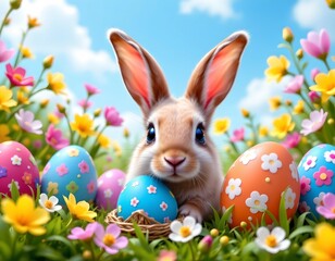 Obraz premium Springtime Bunny Among Colorful Easter Eggs