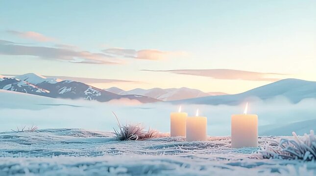 Three glowing candles illuminate a tranquil winter wonderland with frosted ground and distant snow-capped mountains under a soft pastel sky, evoking peace and warmth.