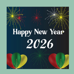Happy New Year 2026 Celebration With Fireworks And Balloons On Dark Blue Background