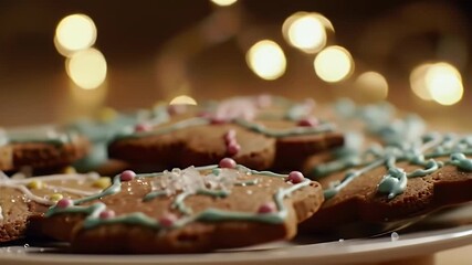 Festive Star Shaped Gingerbread Cookies Decorated with Icing and Sprinkles on White Plate - Powered by Adobe