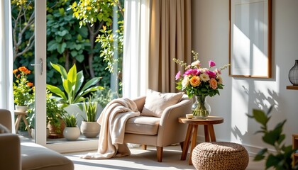 Fototapeta premium Cozy Modern Living Room with Velvet Armchair and Fresh Flowers