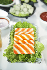 Fresh Salmon Sashimi and Hot Pot Ingredients for Shabu Shabu Japanese Dining