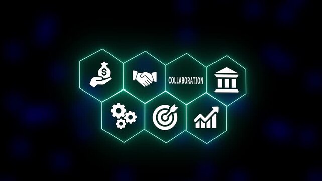 A futuristic hexagon layout highlighting collaboration icons representing joint effort, shared vision, cooperative workflow, and team-driven productivity.
