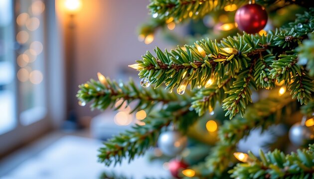Evergreen Branch with Dew Drops and Holiday Lights - Powered by Adobe