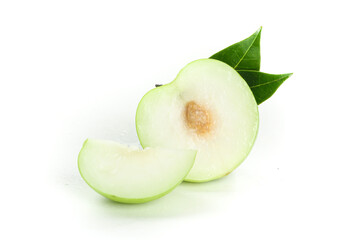 Fresh Green Jujube Fruit Sliced with Leaves - Healthy Asian Superfood on White Background
