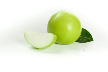 Fresh Green Jujube Guifei Taiwan Milk Apple Fruit with Slice and Leaf on White Background
