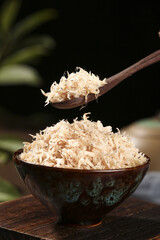 Dried Shrimp Flakes in Wooden Bowl - Traditional Asian Seasoning Ingredient for Rice and Cooking