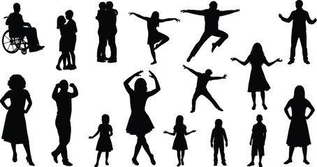 Diverse Human Silhouettes, People Collection Vector Set including children, couples, dancers, and 