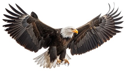 Fototapeta premium Majestic Bald Eagle in Flight with Spread Wings and Extended Talons Isolated on White Background 