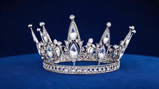 Elegant Silver Crown with Sparkling Crystals on a Royal Blue Velvet Background, Symbolizing Royalty and Achievement