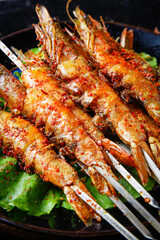 Grilled Spiced Prawns on Skewers at Beijing Night Market Food Stall