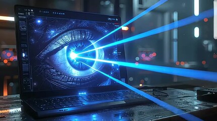 A futuristic digital eye with glowing blue light beams emerges from a laptop screen, symbolizing AI, data analysis, and advanced technology in a dark, mysterious setting. - Powered by Adobe