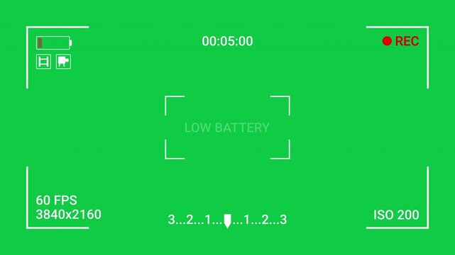 Camera recording screen overlay low battery video animation with 4K resolution size green background