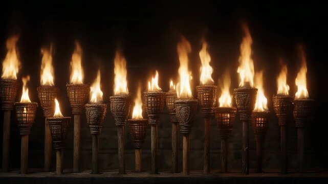 Row of Lit Tiki Torches with Bright Flames Against a Dark Background, Creating a Warm and Mysterious Atmosphere