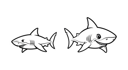 Playful cartoon illustration of two friendly sharks, one big and one small, swimming together. Ideal for marine life education, kids' ocean themes, or aquatic design projects