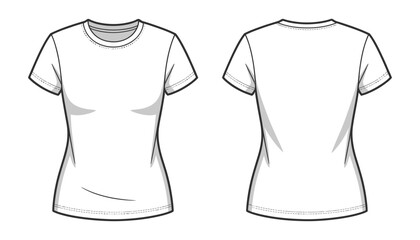 Technical Drawing Of Casual Women&rsquo;s T-Shirt In Vector Style Showing Front And Back Views With Fitted Silhouette, Crew Neck, Short Sleeves, And Detailed Stitching For Fashion Design Projects