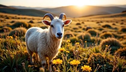 Naklejka premium Serene Sunrise Scene with Fluffy Sheep Amid Wildflowers