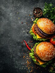fresh burgers american fast food assorted of two pieces modern hard light dark shadow scattered spices black stone concrete background top view no logos no brands ar 34