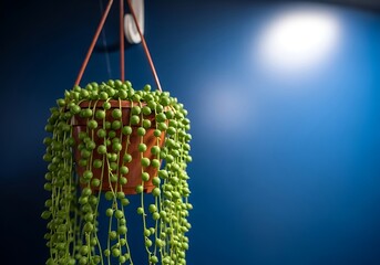 A string of pearls succulent plant in a colorful hanging pot against a textured blue wall with soft light highlighting the plant s cascading green beads