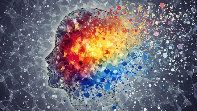 A vibrant digital artwork depicts a human head dissolving into colorful particles, symbolizing thoughts, ideas, and the mind's complexity against a textured background. - Powered by Adobe