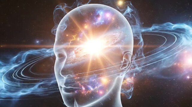 Ethereal nebula galaxy swirls inside transparent human head concept