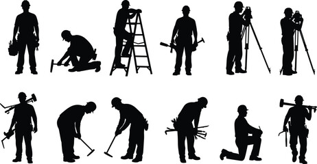 Construction worker silhouette collection, labor activity poses, tool handling icons, black white vector set, cad drawing flat vector illustration