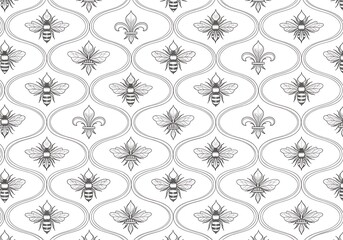 Elegant vintage damask pattern with ornate floral motifs and subtle distressed texture in a classic black and white color scheme for sophisticated design backgrounds