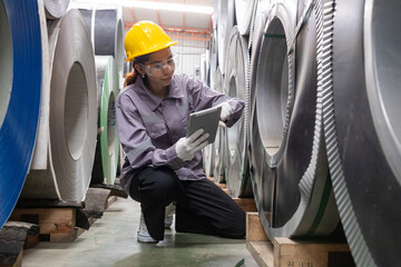Female engineers inspecting metal sheet production line