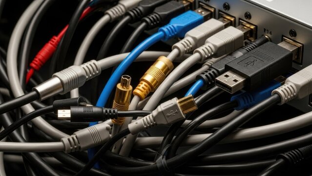 Diverse cables interconnected symbolizing network connectivity and data transmission infrastructure - Powered by Adobe