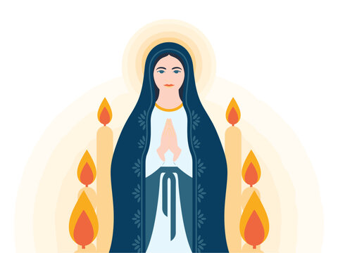 Vector Illustration of the Virgin Mary Surrounded by Candles, Depicting Faith, Prayer, and Catholic Traditions in a Modern, Minimalist Style